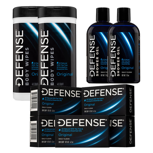 Defense Soap 2 Pack Body Wipes 40 Count, 2 Pack Body Wash 12 oz, 5 Pack Defense Bar Soap with natural Tea Tree and Eucalyptus Oil.