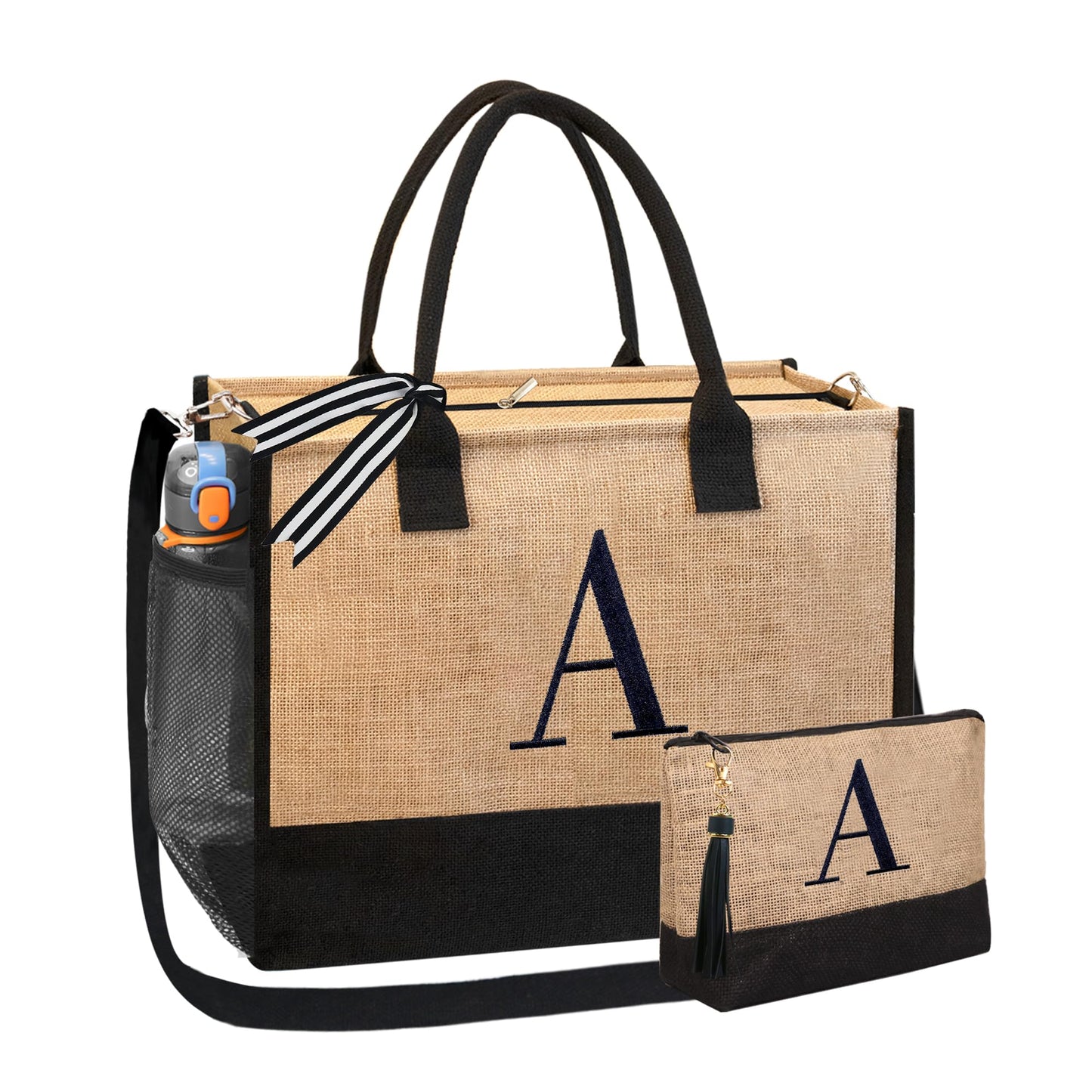 BeeGreen Gifts for Women, Initial Tote Bag for Her Mother Coworkes Teacher, Personalized Birthday Bags with Make-up Bag, Large Canvas Totes with Zipper and Shoulder Straps Letter S