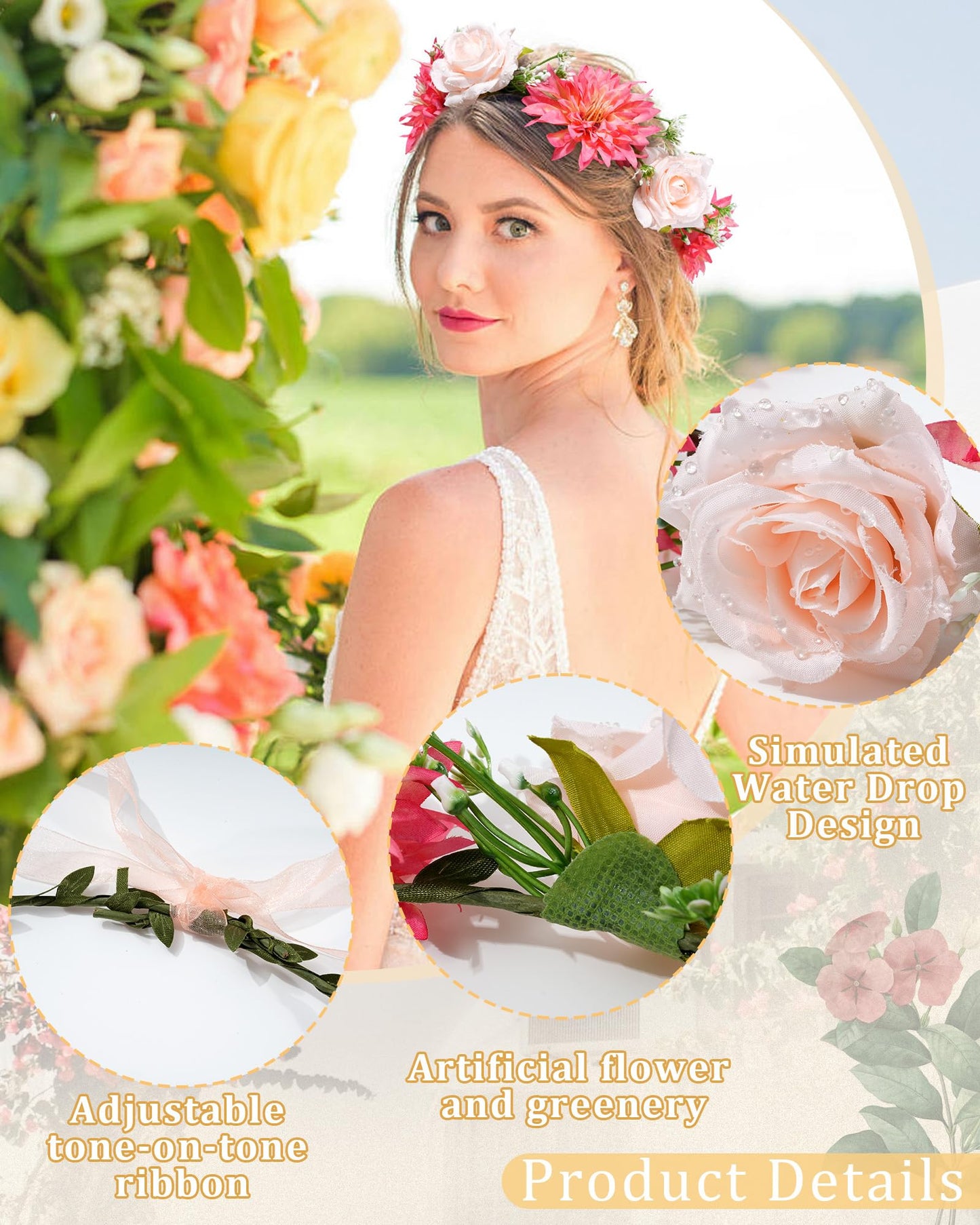CHLINS Flower Crown Bridal Flower Headbands for Women Bohemian Floral Crown with Ribbon Hair Wreath Floral Headpiece for Wedding Birthday Party Fairy Crown (Champagne + Orange)