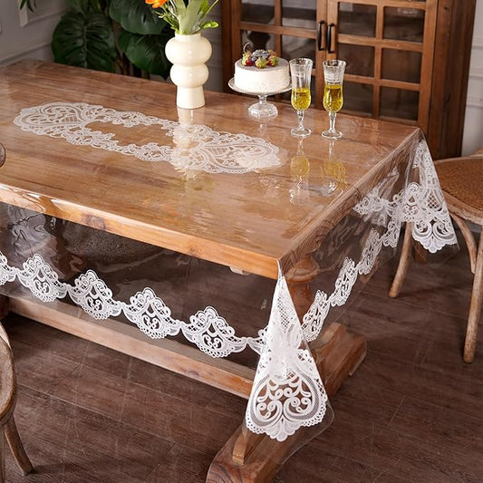 Clear Table Cover Protector Vinyl Table Cloth Rectangle Oil Spill Proof Vintage Rustic Plastic Table Covers for Dining Tables (White Lace, 60 x 120 Inches)
