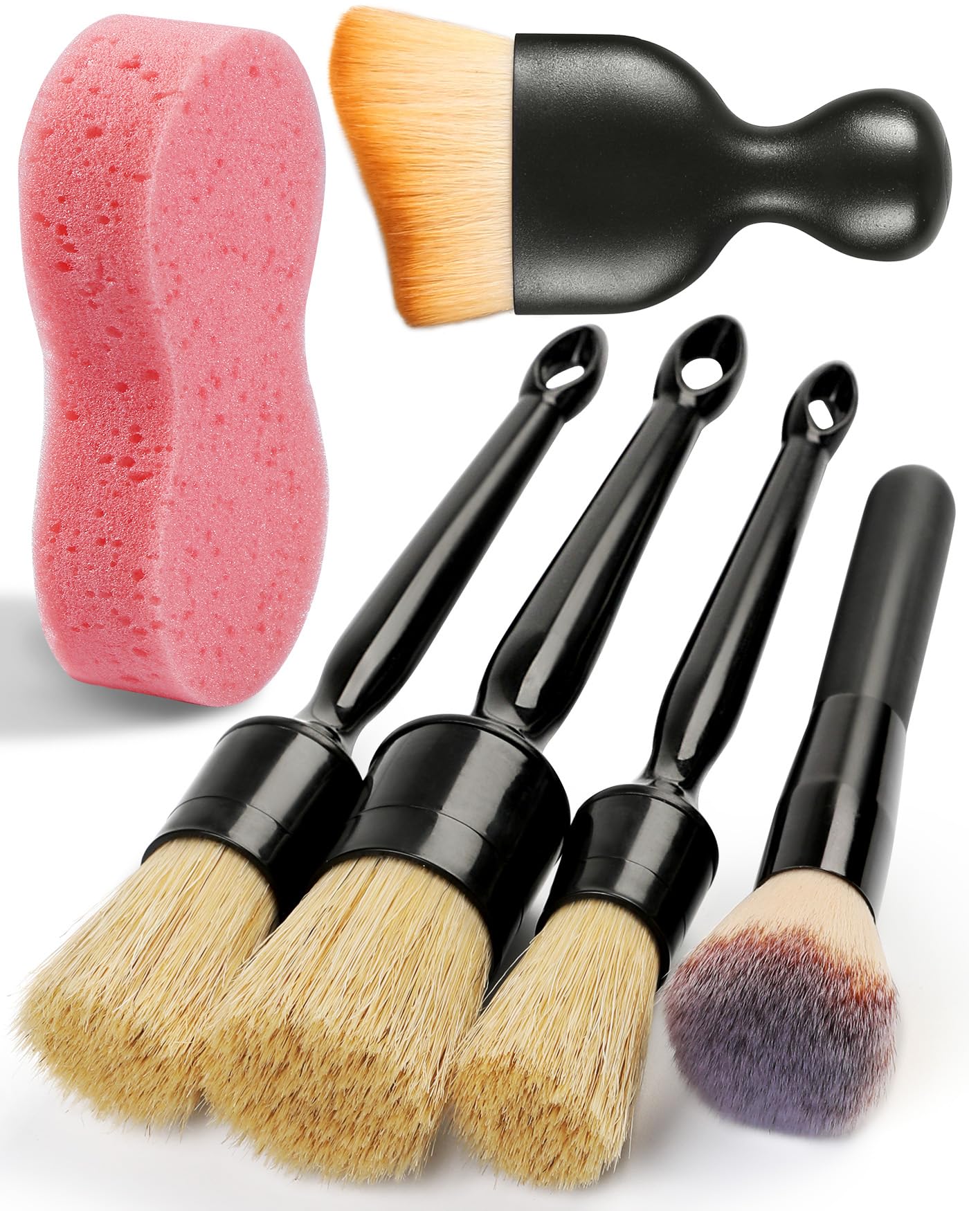 Birbenben 6PCS Car Detailing Brush Set, Ultra Soft Boars Hair Detail Brushes, Automotive Cleaning Brush Kit for Wheels, Air Vent, Leather Seats, Vehicles Auto Exterior Interior Detailing Brushes Tool