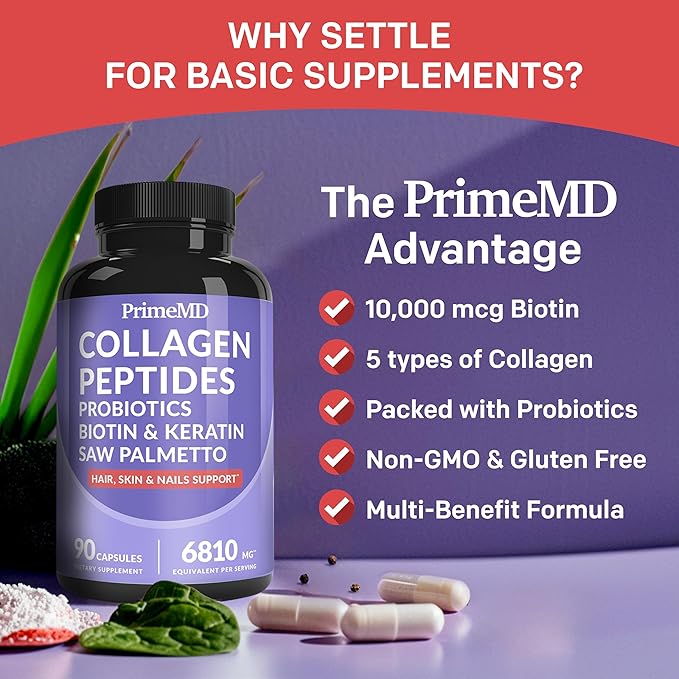 27-in-1 Hair Skin and Nails Vitamins (6810mg) with Biotin 10000mcg - Collagen Supplements for Men and Women - Keratin Supplements with Probiotics and Saw Palmetto, 90ct