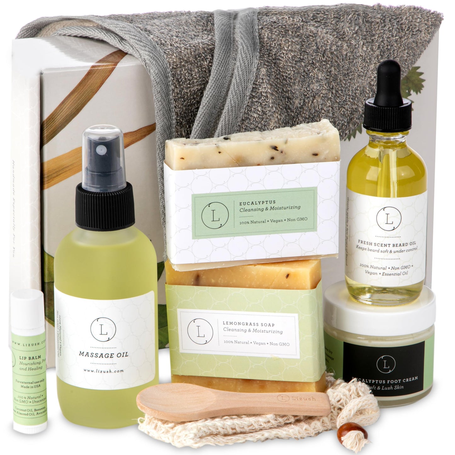 Men's Spa Gift Set, Natural Handmade Gift for Him - Eucalyptus Scent Bath & Body Skincare Package - 8 pcs, Massage Oil, Beard oil, 2 Soaps, Foot cream,Soap Saver, Lip Balm, Towel