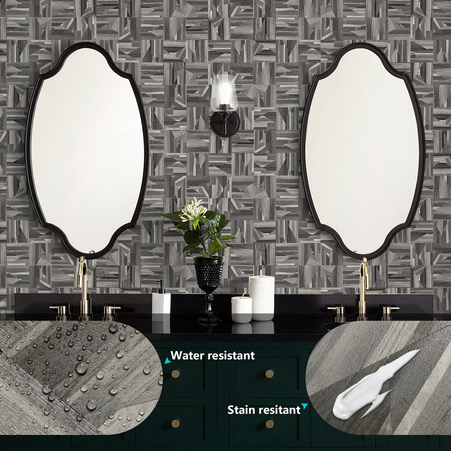 Midcard 10-Sheet Peel and Stick PVC Backsplash Tile, Black Grey Wood Triangle Puzzle