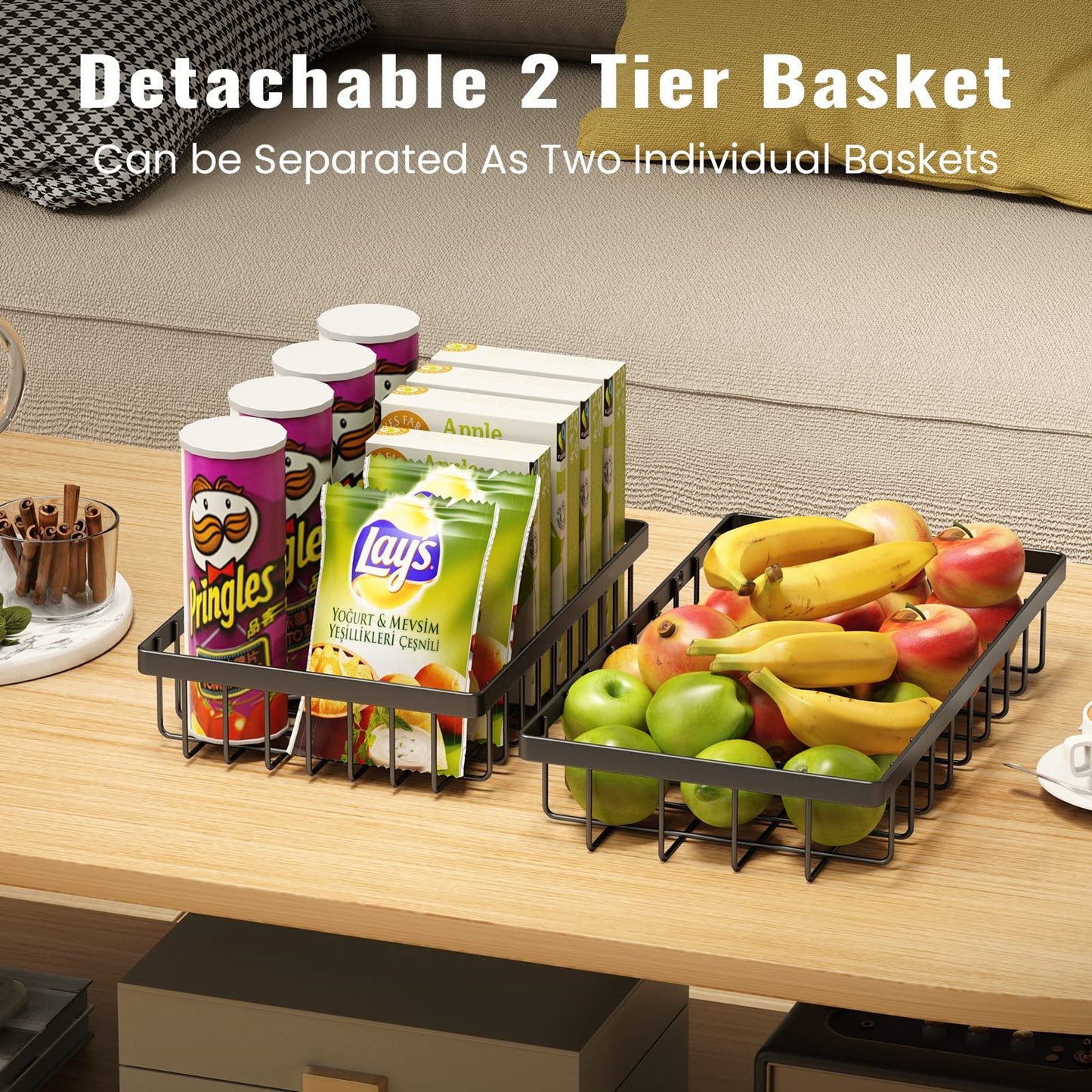 GETALL Fruit Basket for Kitchen, 2 Tier Countertop Fruit Holder, Detachable Metal Stand Fruit Bowl Organizer for Vegetable Bread Snacks Onions Storage, Large Capacity, Screws Free Design, Black(Z)