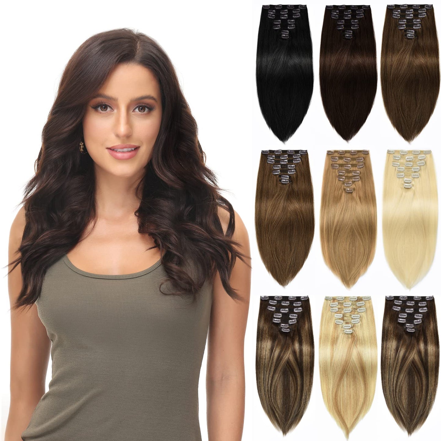 Rose bud Clip in Hair Extensions Real Human Hair 7Pcs 16Clips 16Inch 140g Natural Thick Hair Extensions Human Hair #27 Dark Blonde