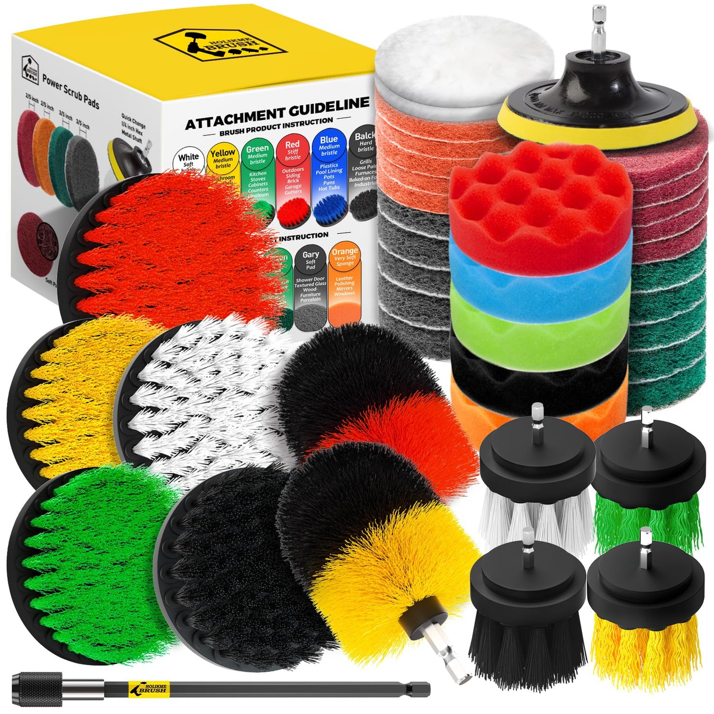 Holikme 40 Piece Drill Brush Attachment Set Scrub Pads Scouring Pads Power Scrubber Brush with Extend Long Attachment All Purpose Clean for Car Detailing，Grout, Tiles, Bathroom, Kitchen