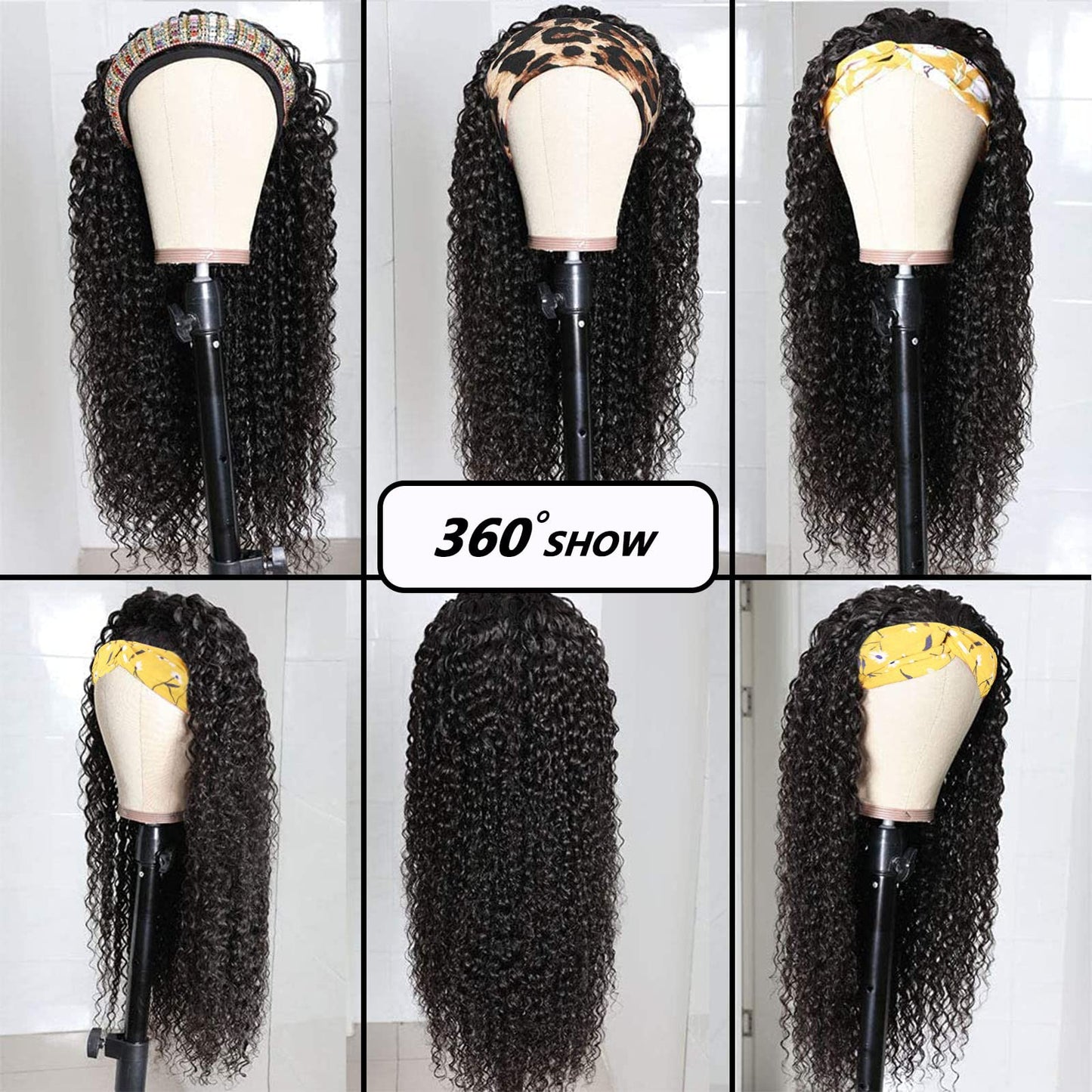 G&T Headband Wig Human Hair 24 inch Curly Headband Wigs for Black Women 180% Density Glueless Wear and Go Wig 100% Brazilian Human Hair Curly Wave Headband Wigs Natural Color