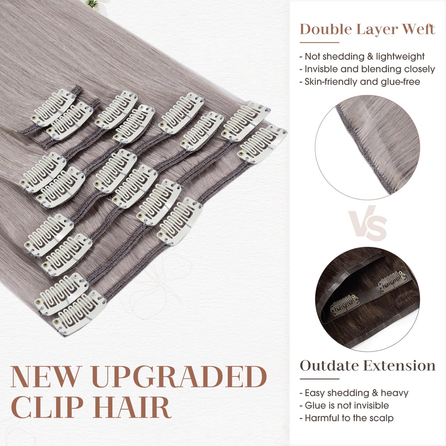 Clip in Hair Extensions Real Human Hair 18 Inch Human Hair Clip in Extensions GREY Hair Extensions Clip ins Double Weft 100% Real Human Hair Extensions 8 PCS 70g