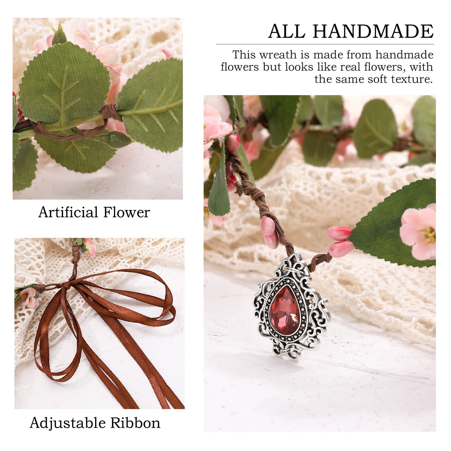 MOSTORY Pink Elf Flower Crown - Handmade Fairy Floral Headband Woodland Circlet Forest Tiara for Women Renaissance Renfaire Halloween Cosplay Photo Shoot