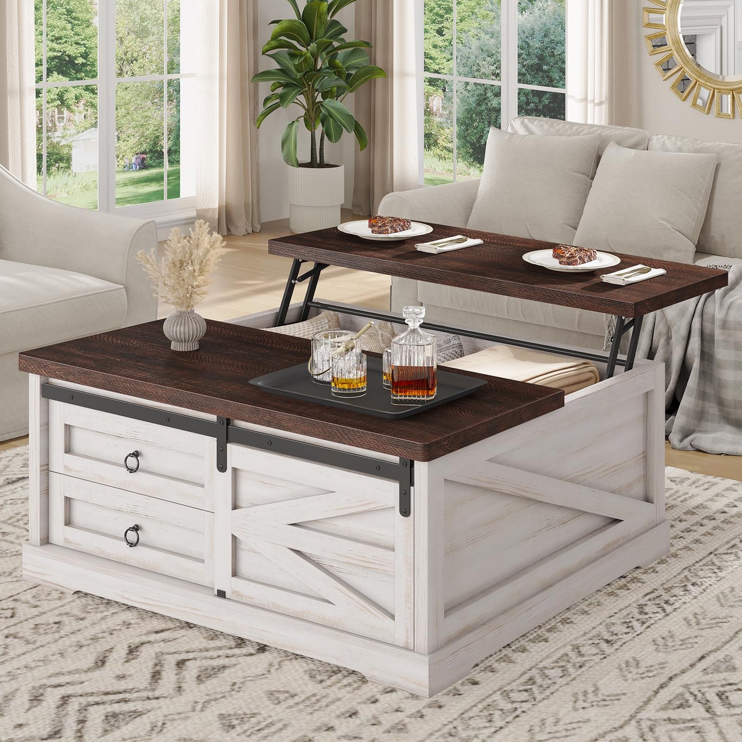 Itaar 39.4'' Lift Top Coffee Table with Storage, Farmhouse Coffee Tables for Living Room, Square Coffee Table with Large Hidden Compartment & 2 Drawers & Adjustable Shelves, White