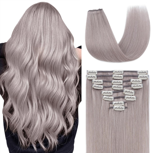 Clip in Hair Extensions Real Human Hair 18 Inch Human Hair Clip in Extensions GREY Hair Extensions Clip ins Double Weft 100% Real Human Hair Extensions 8 PCS 70g