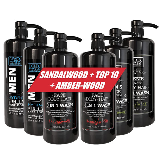Dead Sea Collection Triple Bundle -Body wash 3 in 1 for man-SANALWOOD+AMBERWOOD+TOP 10 (6 Pc total)
