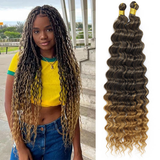 Eerya Long Curly Braiding Hair 24 Inch 2 Packs Ocean Wave Crochet Hair for Black Women Deep Wave Braiding Hair for Boho Braids（24 inch, T1B/27）