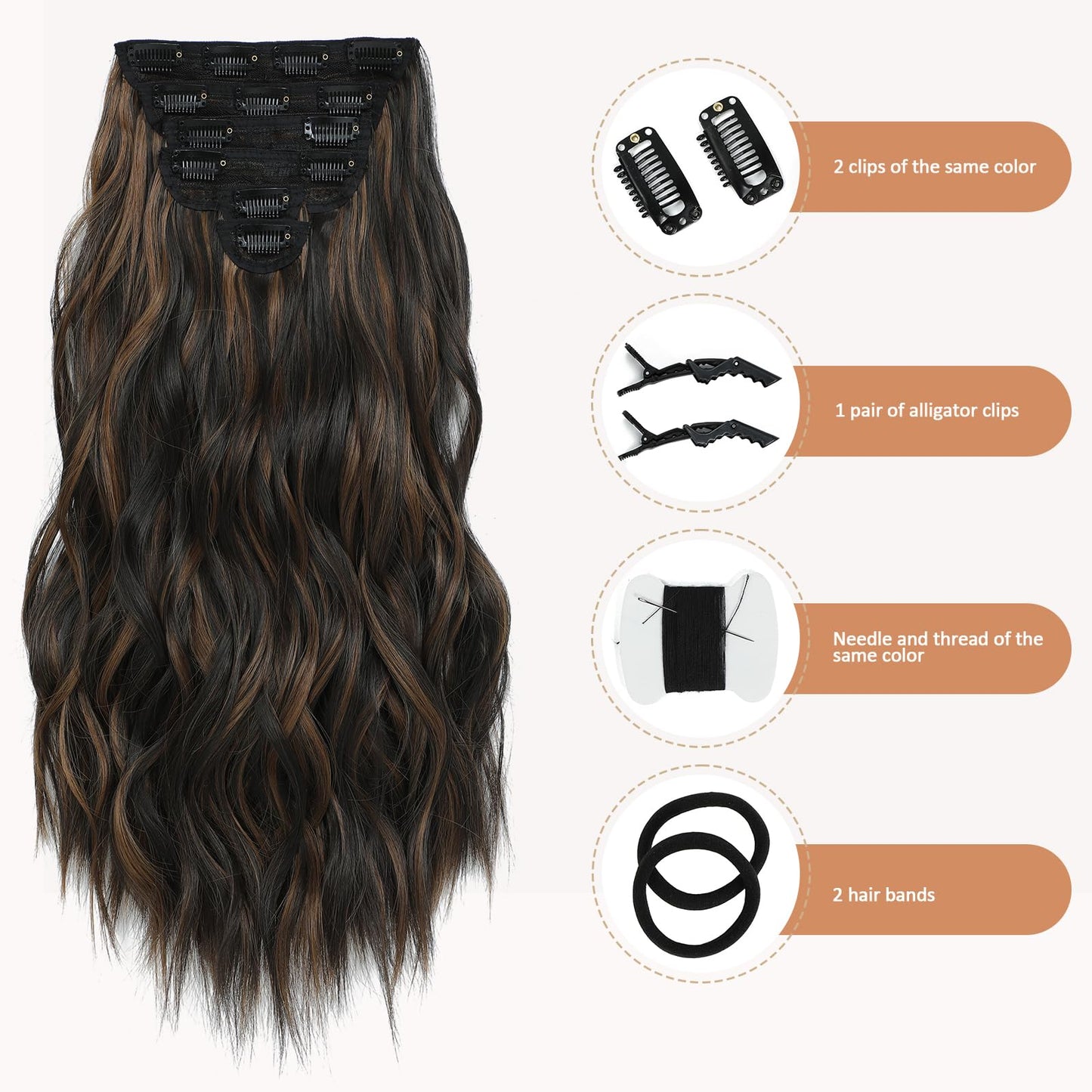 Flvaco Clip In Synthetic Hair Extensions 6PCS 20 Inch Wavy Long highlights Brown Hair Extensions Thick Clip Ins Hairpieces Double Weft Full Head For Women Extension(230G,Auburn Chestnut)