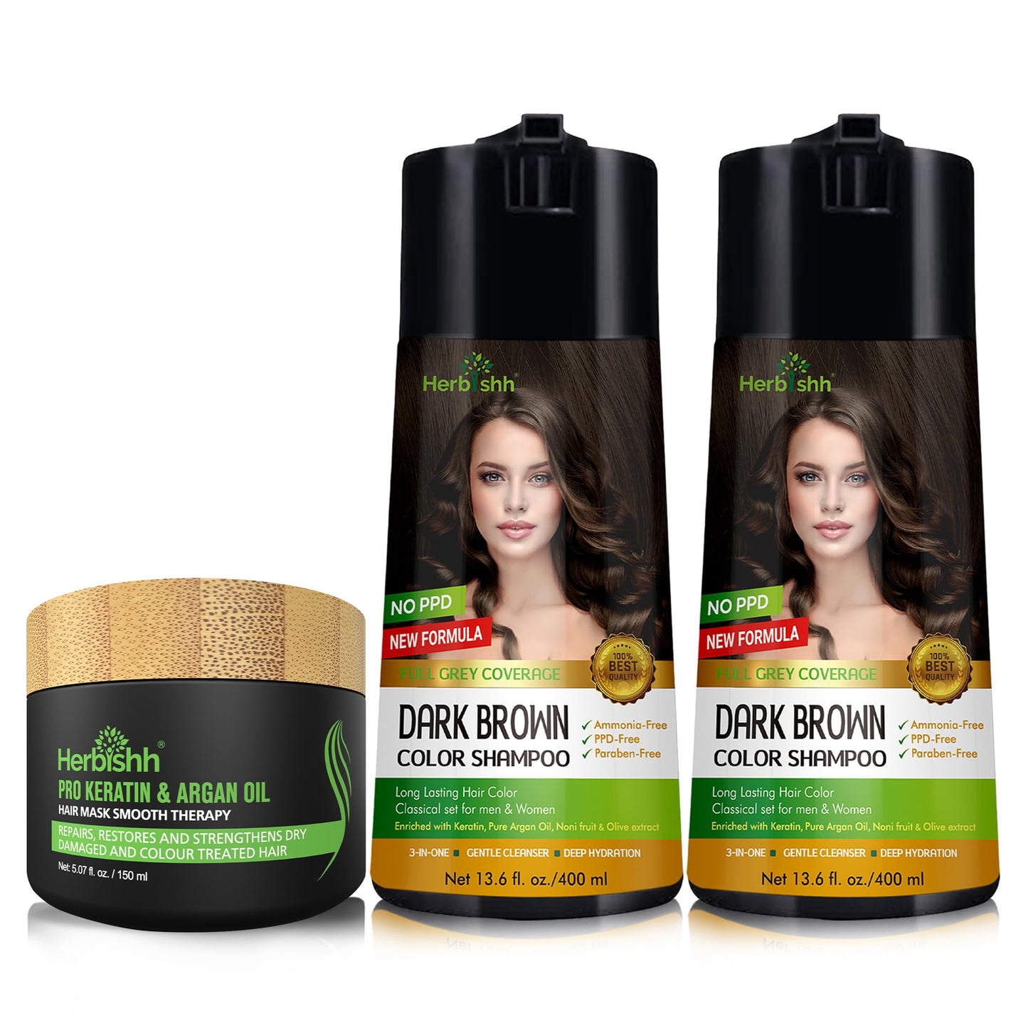 Herbishh C2 Combo (Color + Condition) with Hair Color Shampoo Dark Brown Pack of 2 (400ml) + Hair Mask 150gm - Hair Dye Shampoo for Grey Hair | Gift Set for Parents, Men and Women |