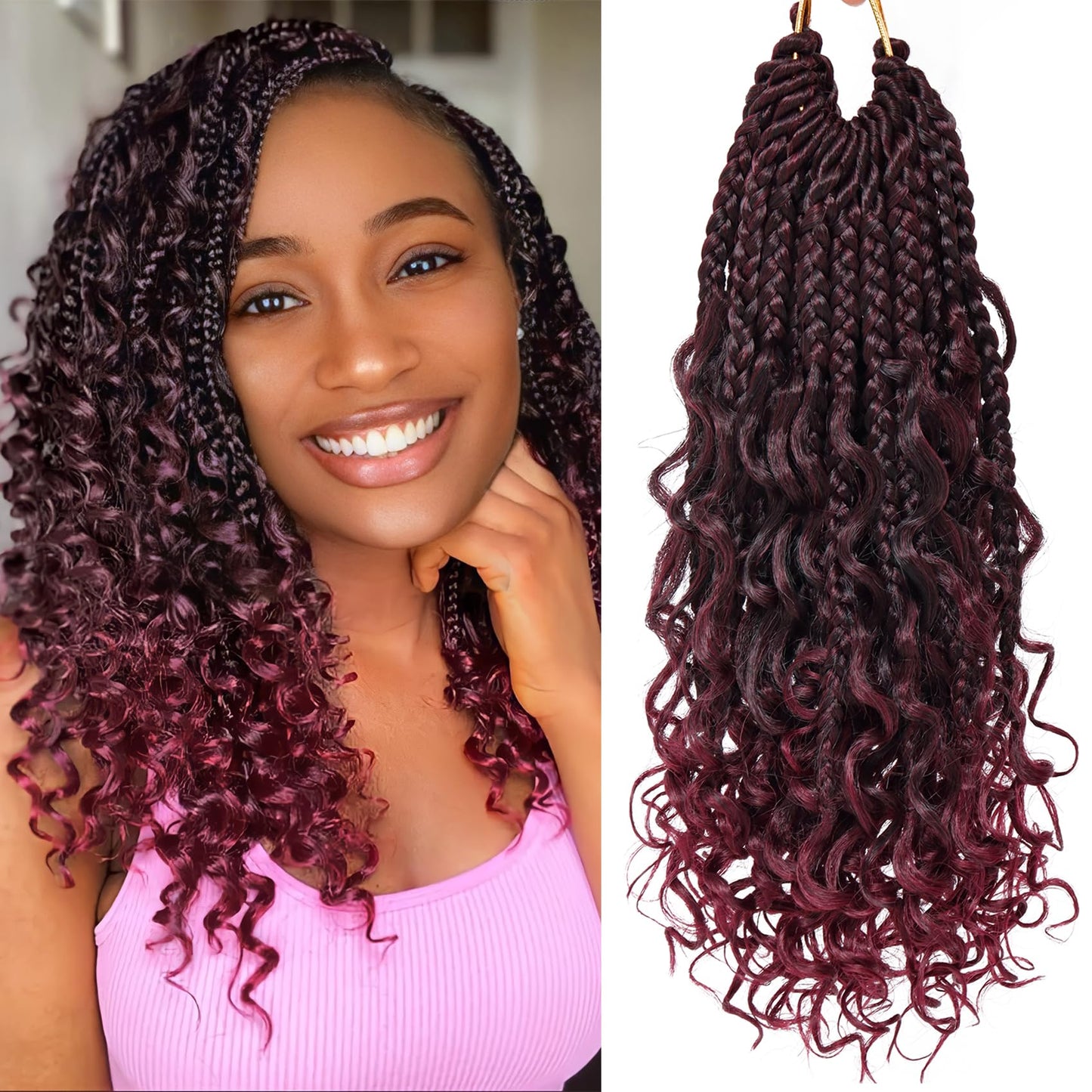 Goddess Box Braids Crochet Hair 10 Inch 8 Packs Pre-looped Bohemian Crochet Boho Box Braids With Curly Ends Red Burgundy 3X Crochet Braids Hair for Women Synthetic Braiding Hair (#1B/BUG)