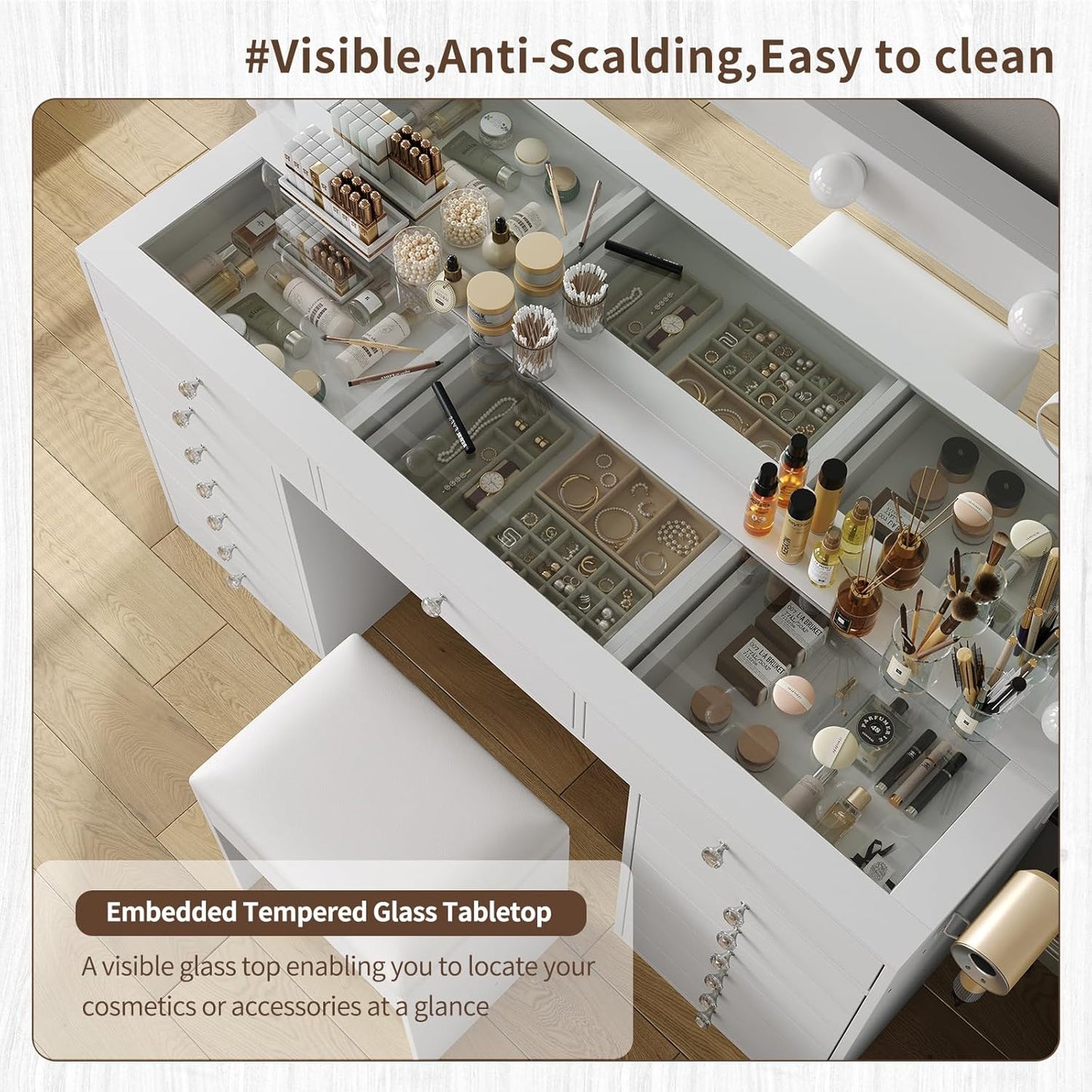 11 Drawers Makeup Vanity with Charging Station, Vanity Desk with 13 LED Bulbs and HD Mirror, 3 Color Brightness Adjustable, Glass Top Vanity Set for Bedroom, White