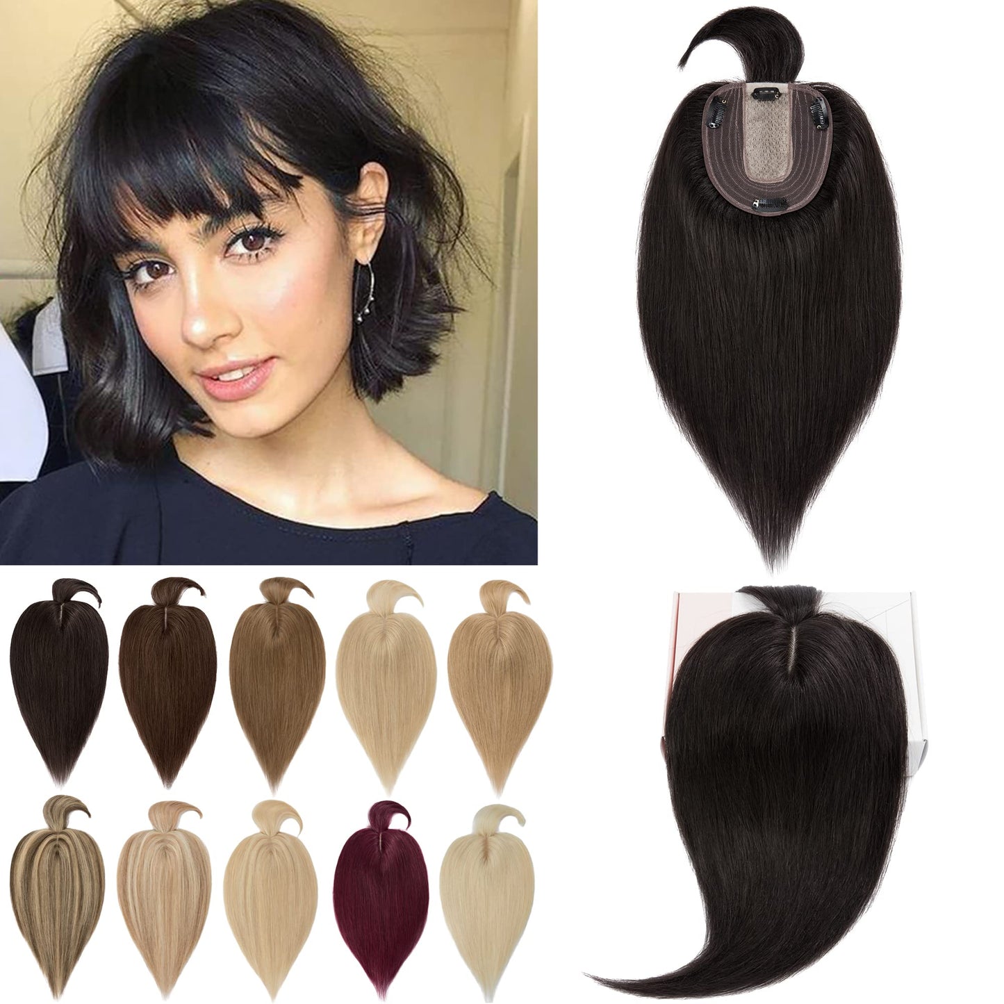 S-noilite 130% Density Human Hair Toppers with Bangs Hand Tied Silk Base Clip In Topper Top Hair Pieces For Women with Thinning Hair/Hair Loss Cover Gray Hair 10Inch 35g-Natural Black