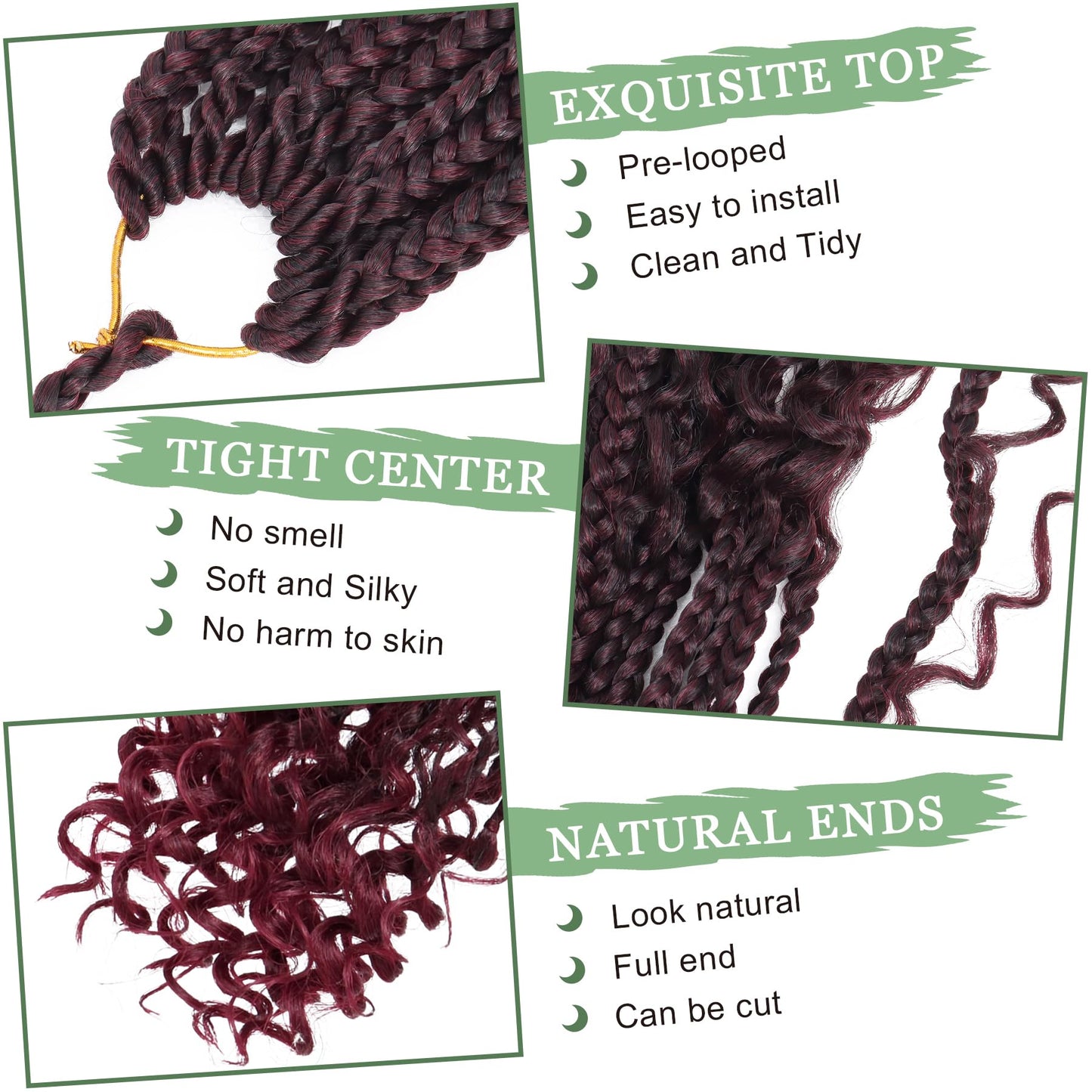 Goddess Box Braids Crochet Hair 10 Inch 8 Packs Pre-looped Bohemian Crochet Boho Box Braids With Curly Ends Red Burgundy 3X Crochet Braids Hair for Women Synthetic Braiding Hair (#1B/BUG)