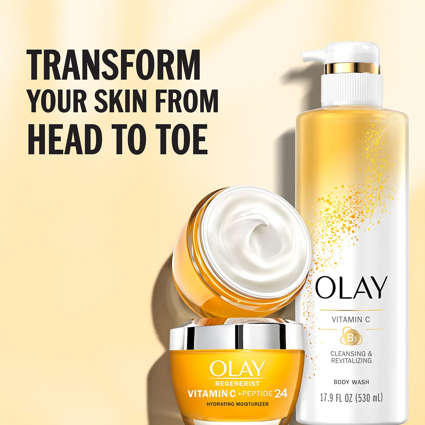 Olay Regenerist Vitamin C + Peptide 24 Brightening Face Cream (1.7 Oz) + Travel Size Whip Face Moisturizer and Cleansing & Brightening Body Wash with Vitamin C and Vitamin B3, 17.9 Fl Oz (Pack of 4)