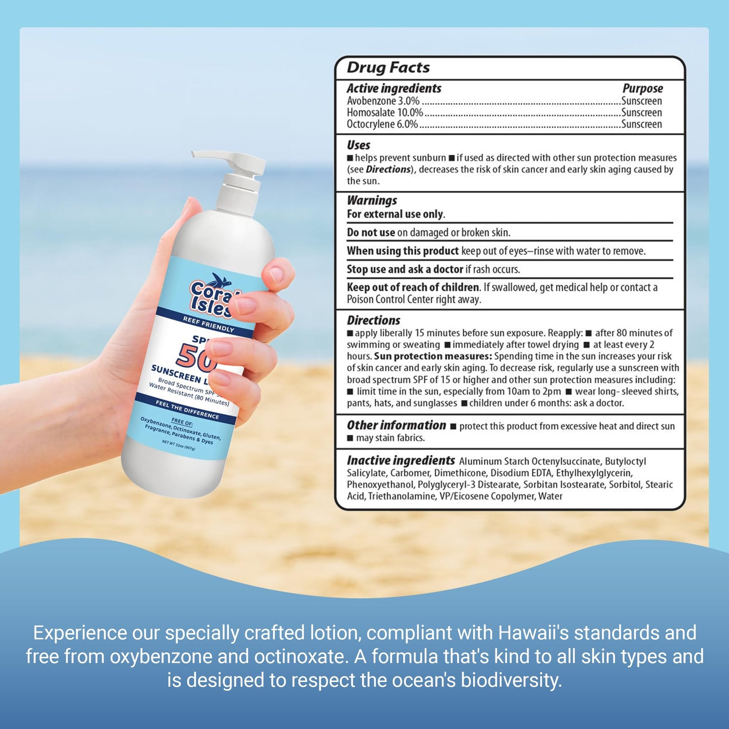 Coral Isles Sunscreen SPF 50 | Hawaii Compliant as Reef Safe | Octinoxate & Oxybenzone Free | Broad Spectrum UVA/UVB Protection | Water Resistant 80 Min. | Fragrance Free | 32 Fl Oz Quart w/Pump