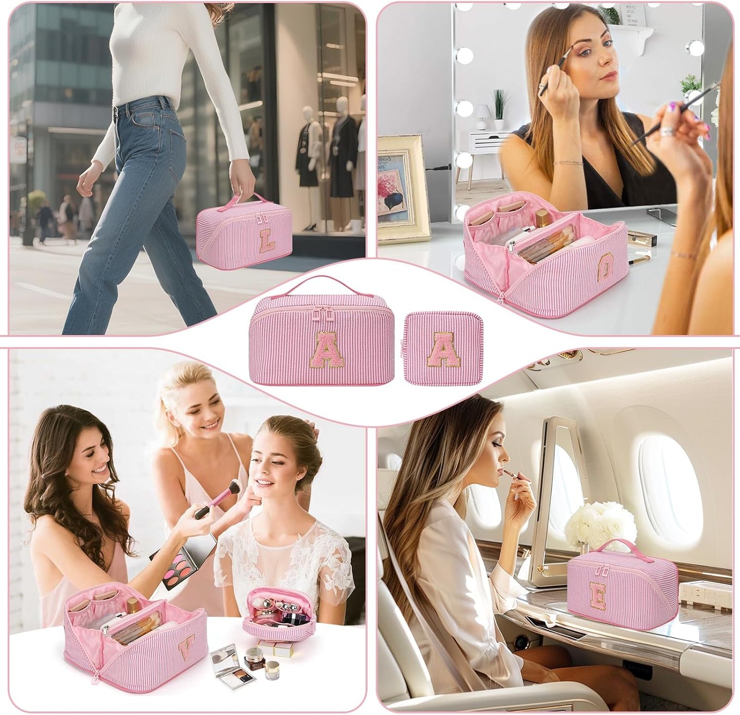 Travel Makeup Bag for Women, 2Pcs Portable Personalized Initial Makeup Organizer Bag, Open Flat Large Cosmetic Bag With Travel Essential Pouch (Pink Letter N)