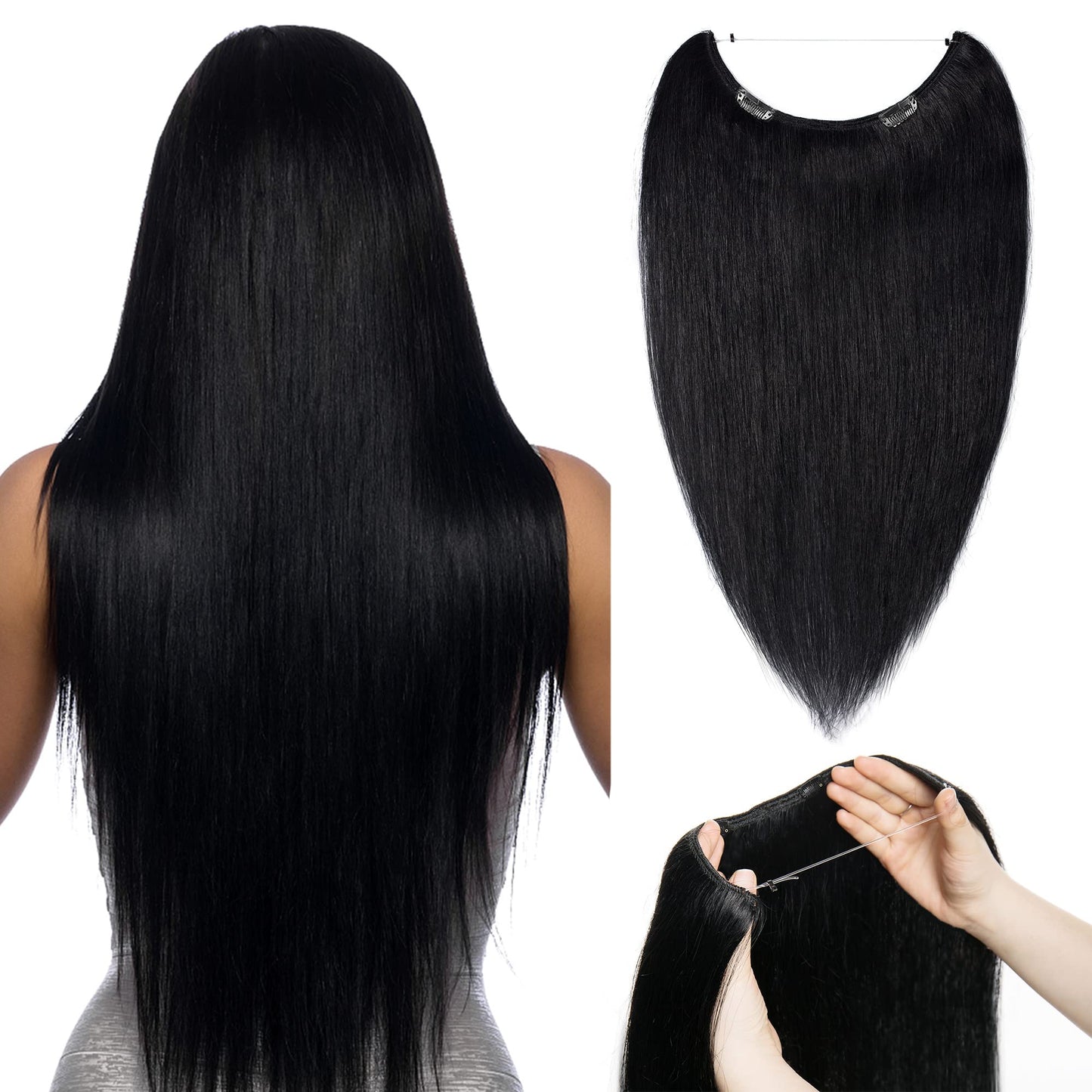 S-noilite Invisible Wire Human Hair Extensions 20inch 70g Secret Hairpieces with 2 Clips Adjustable Headband Fish Line Hairpieces For Women #1 Jet Black