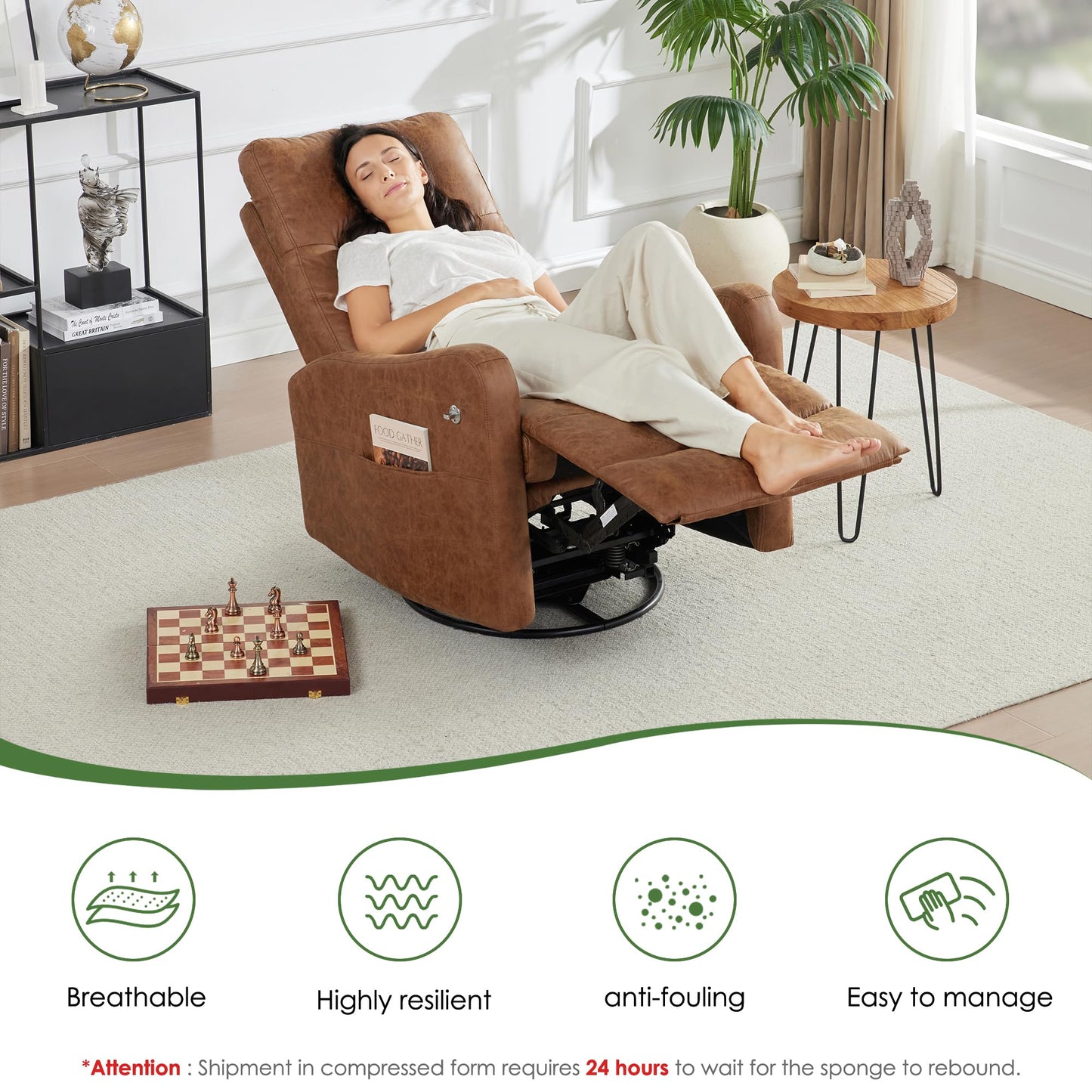 AYEASY Oversized Leather Recliner Chair with Phone Holder, Swivel Rocking Reclining, Ergonomic Lazy Boy Recliner Chair with Lumbar Support, Manual Glider Sofa Chair for Living Room, RV, Brown