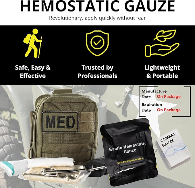 First Aid Advanced Quick Clotting Combat Gauze - Flexible Hemostatic Gauze - to Stop The Bleed kit Faster with Quick Clotting - Survival Kit Supplies - 3" x 12.5' - Pack of 5