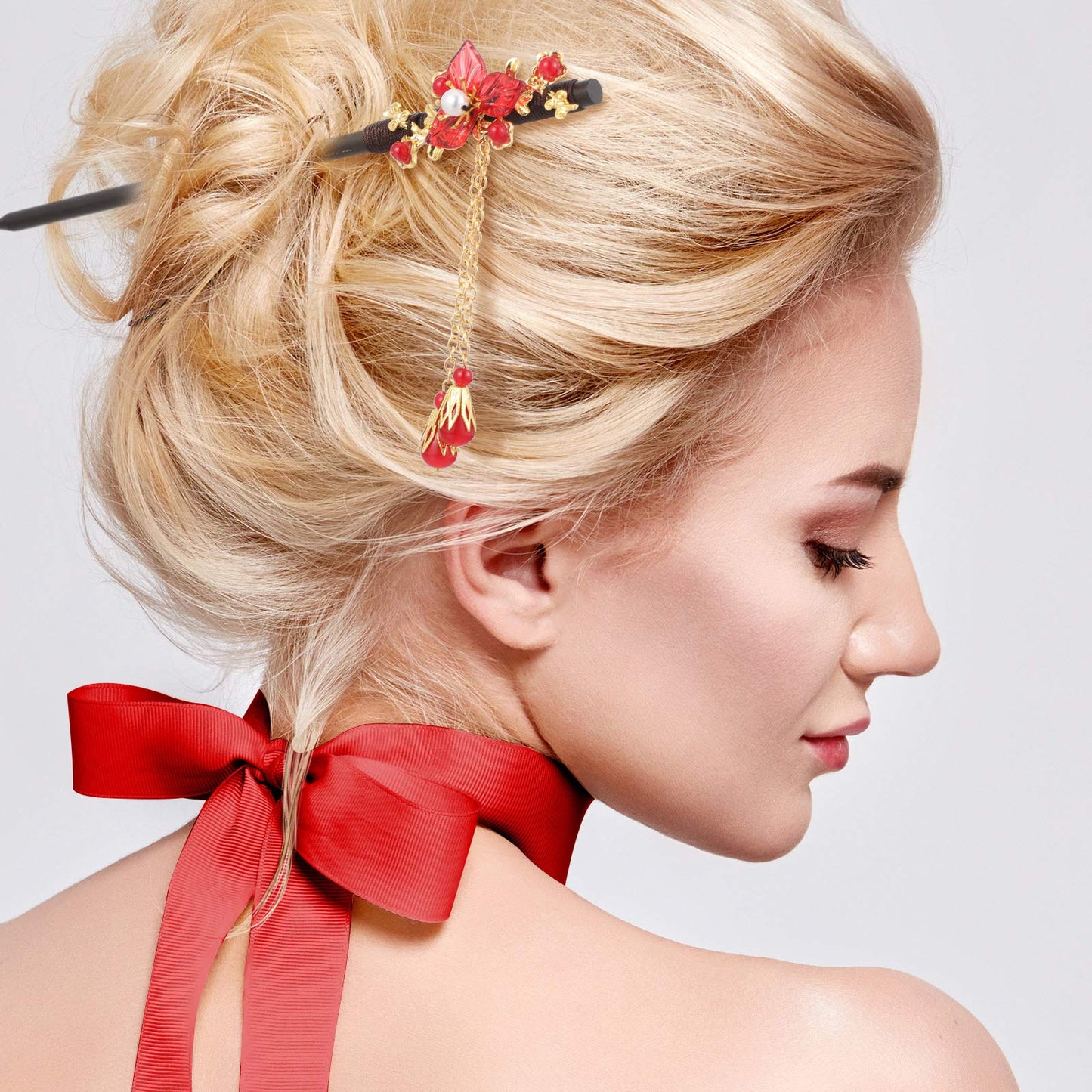 Waydress 4 Pcs Retro Geisha Red Wooden Hairpins Japanese Hair Stick Asian Hair Chopsticks Handmade Flower Tassel Hair Accessories with Tassel for Women Girl Long Hair (Classic Style)