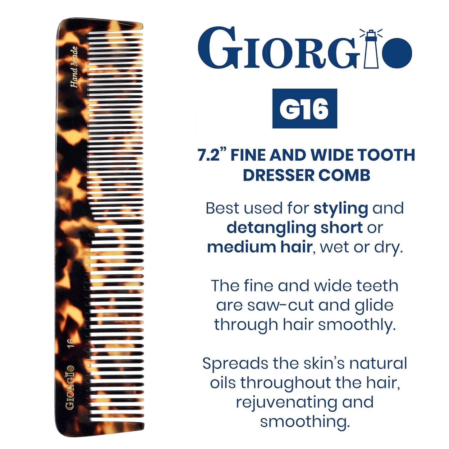 Giorgio G16 Fine Tooth Comb and Wide Tooth Comb Detangler Handmade Hair Comb, Mens Hair Comb for Men and Detangler Comb for Women, Hair Styling Barber Comb and Detangling Comb