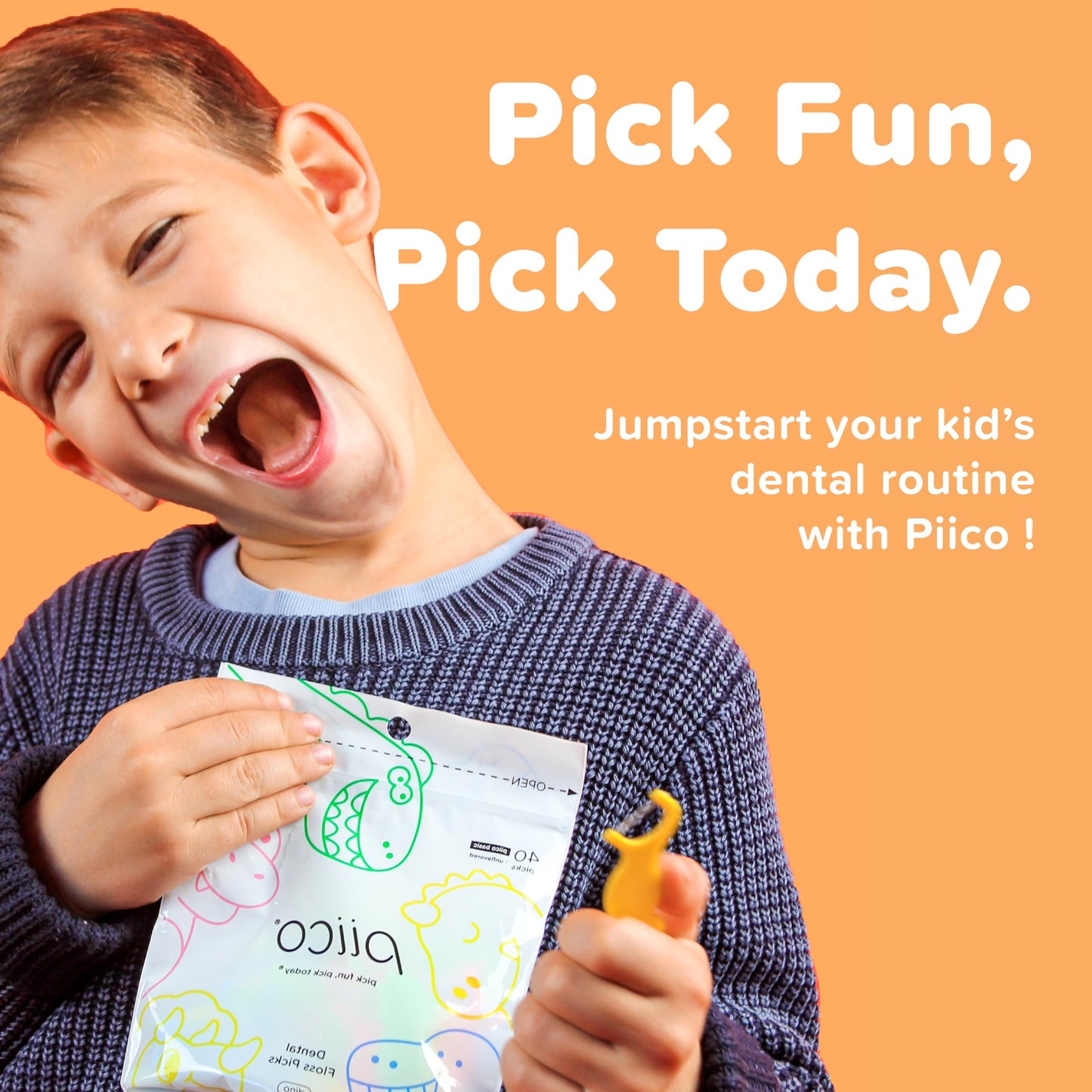 Piico Unflavored Kids Floss - No Fluoride Dual Line Dental Floss Picks - Fun Oral Care in Colorful Floss Sticks Design - Kids Flossers Prevent Tooth Decay & Gum Disease - 240 Count Dino & Travel Case