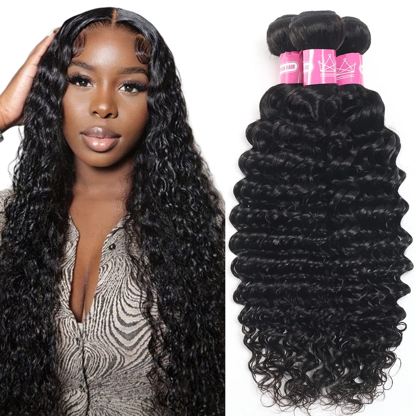 inlovwith Deep Wave Bundles Human Hair 28 Inch 12A Brazilian 100% Unprocessed Virgin Human Hair Bundles Wet and Wavy Human Hair Weave Bundles Natural Black Color Human Hair Extensions
