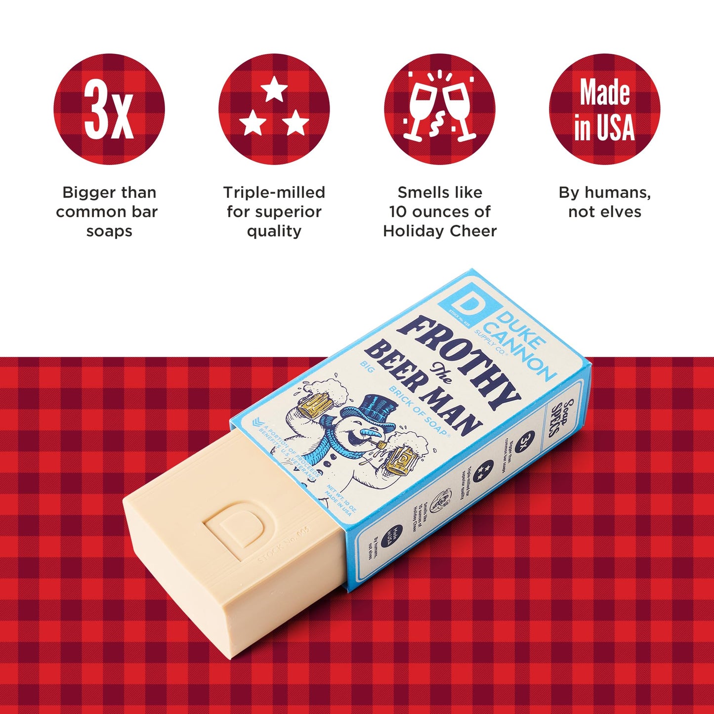 Duke Cannon Supply Co. Big Brick of Soap Bar for Men Holiday Edition | Frothy the Beer Man (Woodsy Sandalwood Scent) | Extra Large, Long-Lasting | Paraben & Cruelty-Free | Made in USA | 10 oz (3 Pack)