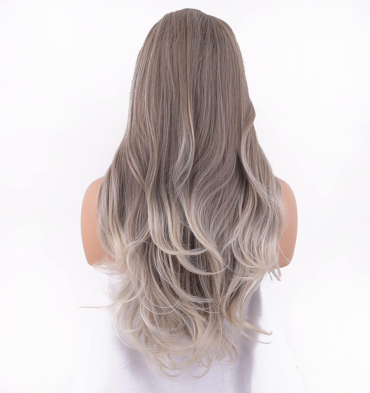 EALGA Ash Brown Wigs for Women, Ombre Silver Blonde Hair Lace Front Wig with Brown Roots, Natural Wavy Glueless Wig 22 inch Middle Part EALGA-081-NEW