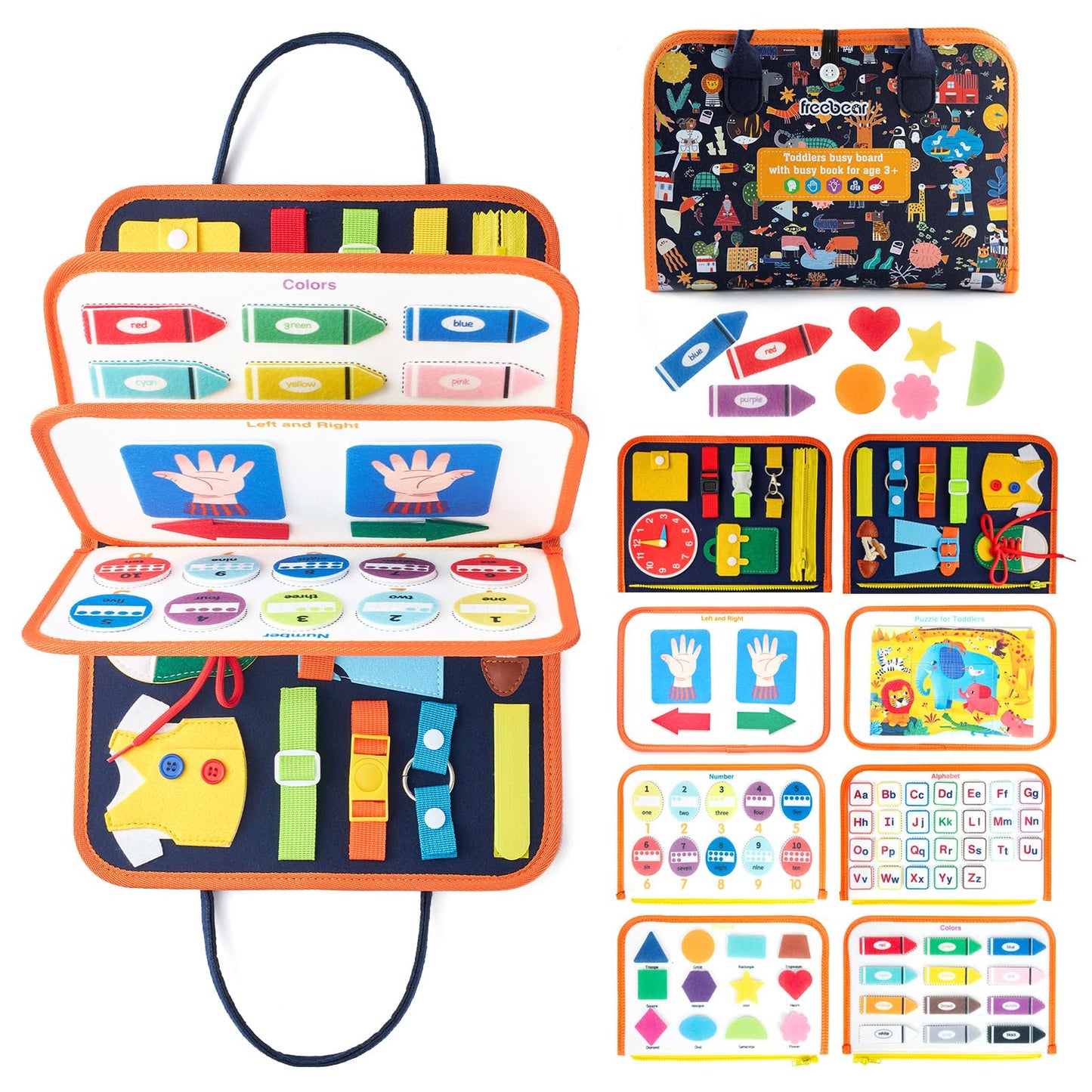 Freebear Busy Board Toddler Travel Sensory Toys for 1 2 3 4, Montessori Learning Activities Board, Educational Toys for 3 4 Year Old Boys Girls Gift, Classic