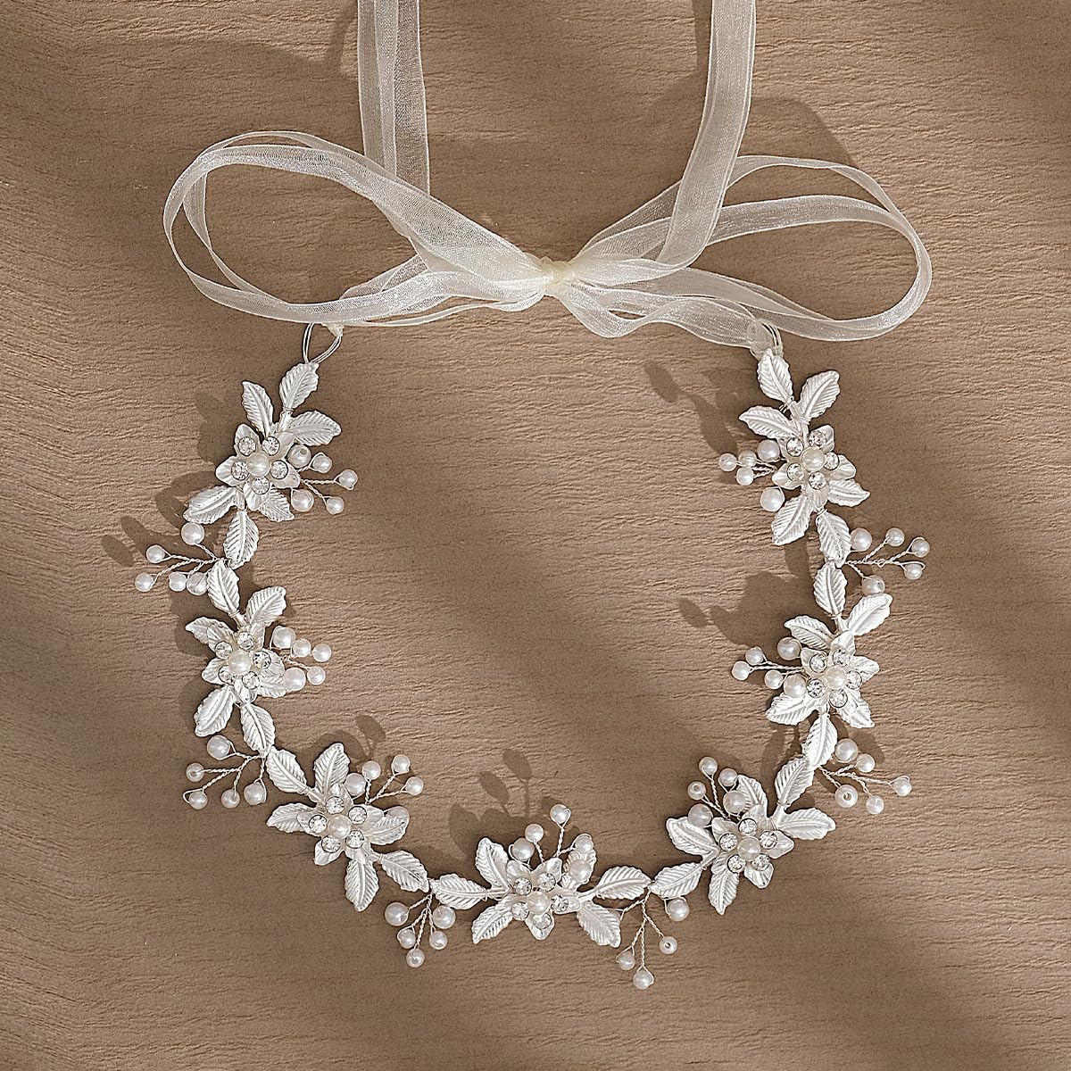 EneQutum Wedding White Metal Hairband, Crystal Pearl Headpiece, Forest flowers Hair Vine Bride Accessory for Women and Girls