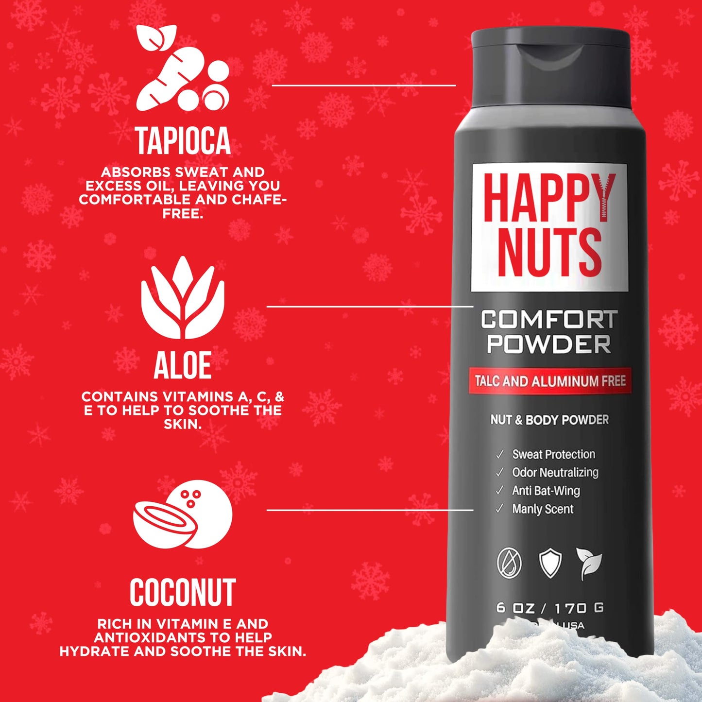 HAPPY NUTS Comfort Powder - Anti Chafing & Deodorant, Aluminum-Free, Sweat and Odor Control for Jock Itch, Groin and Men's Private Parts (6 Ounce (Pack of 1), Original)