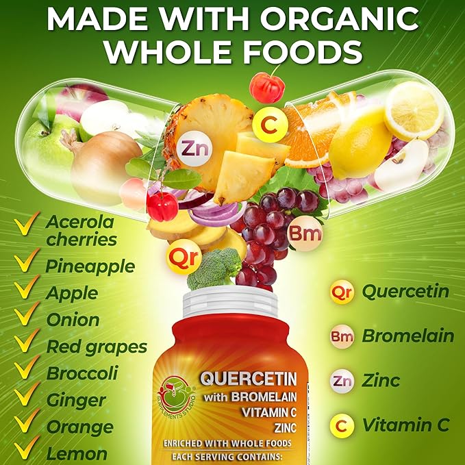 SUPPLEMENTS STUDIO Total Immune Support & Antioxidant Bundle – Liposomal Glutathione 500mg + Liposomal Vitamin C Liquid Gel 1100mg + Quercetin 500mg with Bromelain, Zinc & Organic Whole Foods