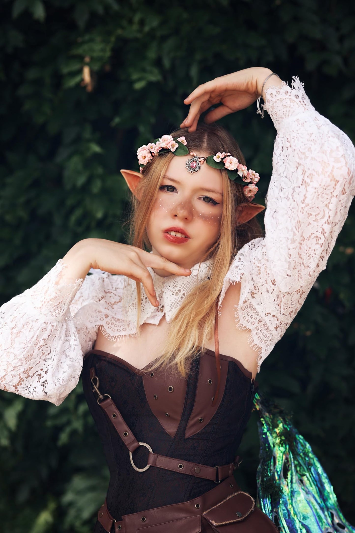 MOSTORY Pink Elf Flower Crown - Handmade Fairy Floral Headband Woodland Circlet Forest Tiara for Women Renaissance Renfaire Halloween Cosplay Photo Shoot