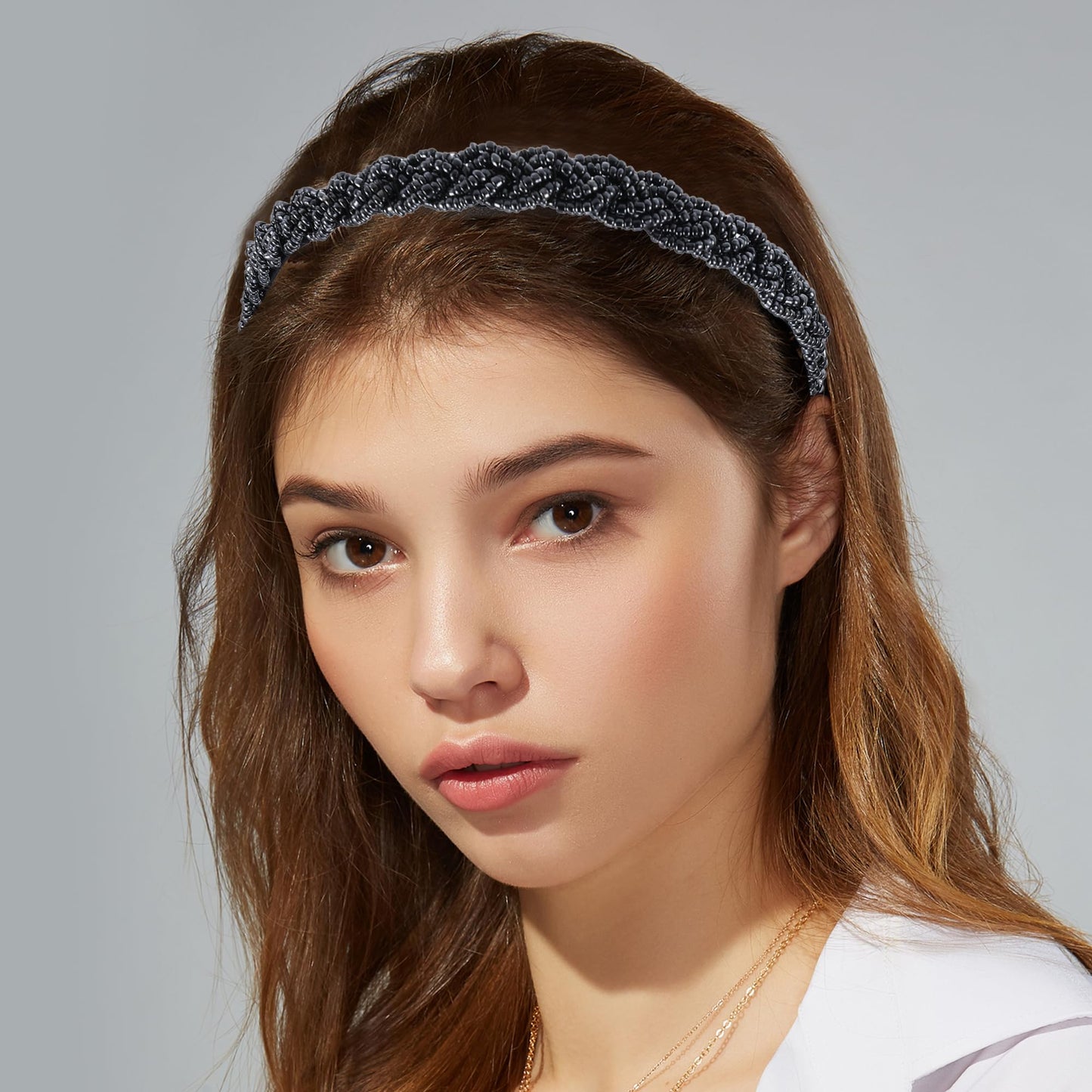 VOCOSTE 1 Pc Beaded Hair Hoop, Hairband for Women, Blue Black, 0.43 Inch Wide