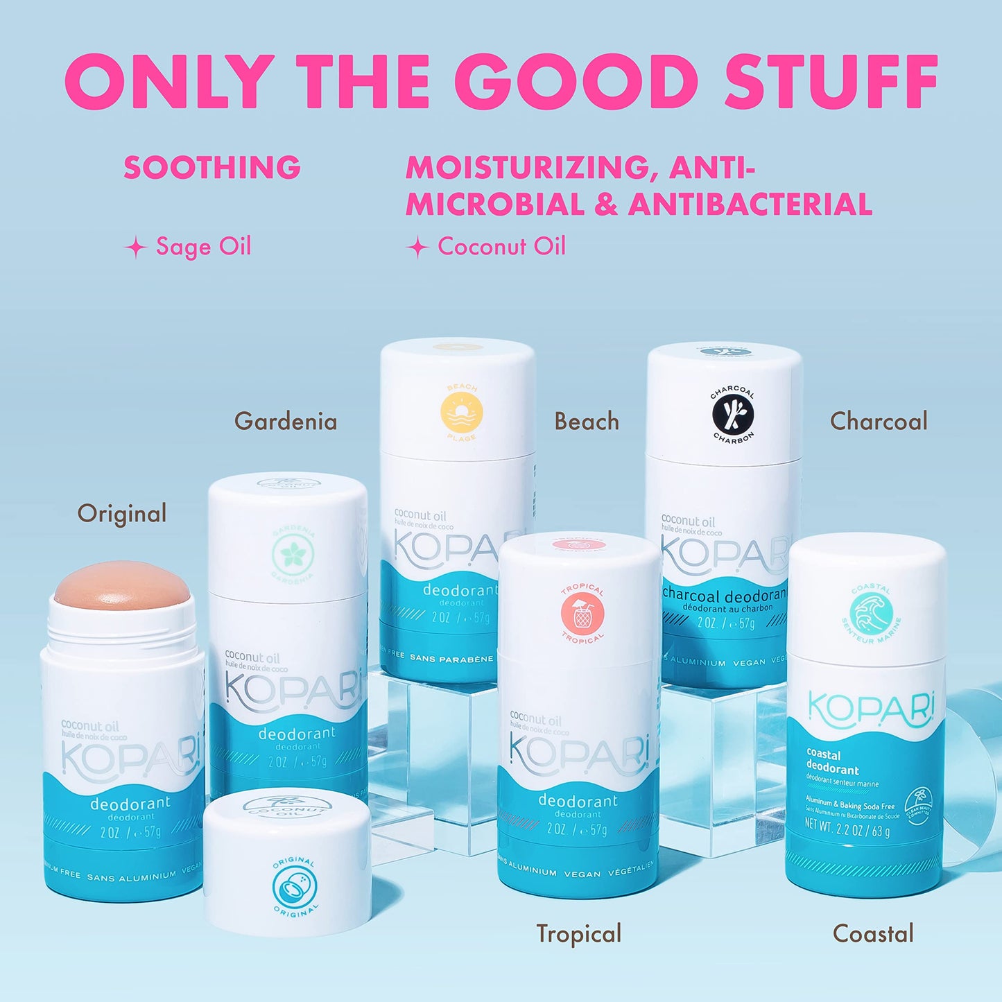 Kopari Aluminum Free Coconut Deodorant, Non Toxic & Clean Plant-Based, No Parabens or Baking Soda, Long Lasting Protection, Original & Charcoal 2 Pack