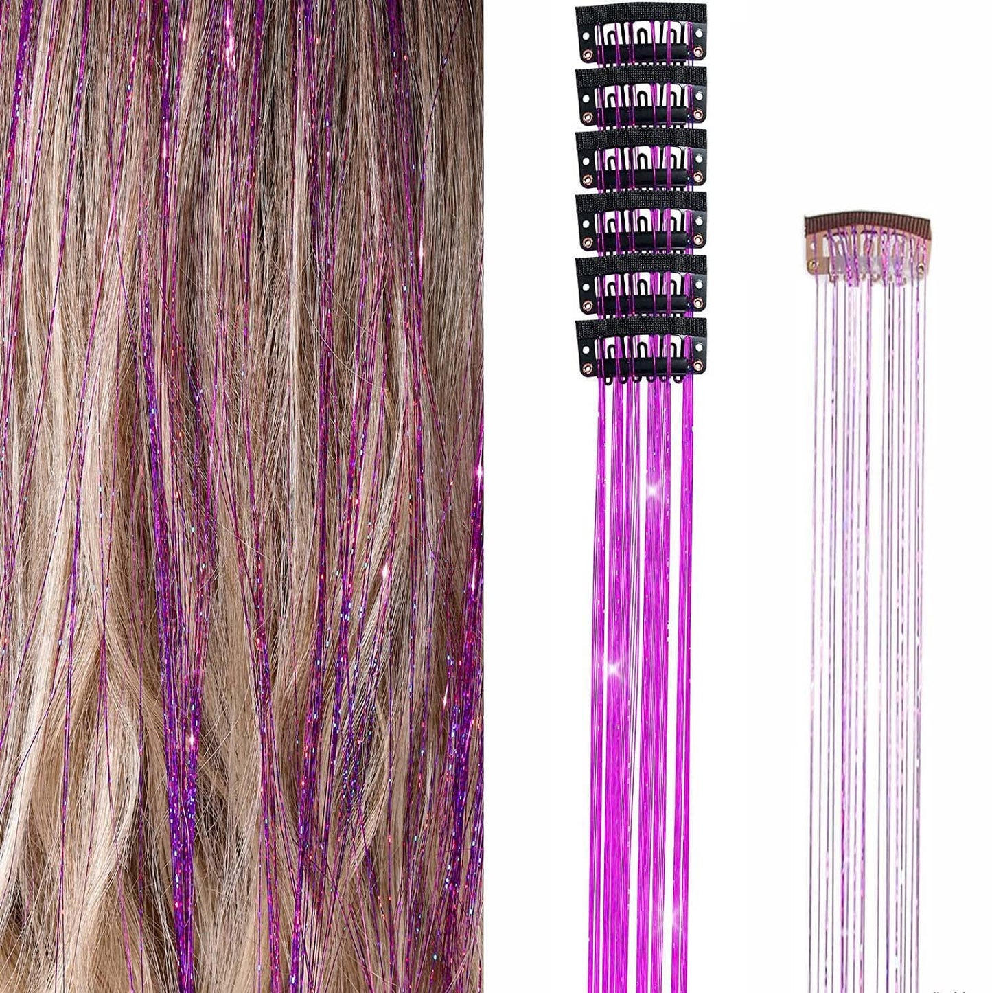 Hair Tinsel Clip in Tinsel Hair Extensions Purple Fairy Glitter Hair Tinsel Kit for Women Heat Resistant 21.5In 6Pcs Festival Hair Accessories for Party, Christmas, New Year, Halloween, Cosplay
