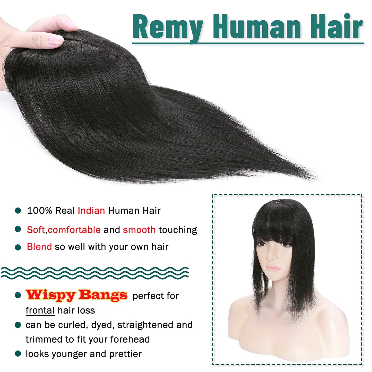 S-noilite 130% Density Human Hair Toppers with Bangs Hand Tied Silk Base Clip In Topper Top Hair Pieces For Women with Thinning Hair/Hair Loss Cover Gray Hair 10Inch 35g-Natural Black