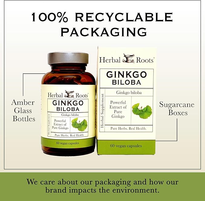 Herbal Roots Organic Ginkgo Biloba Made with Pure Organic Ginkgo Leaf and Extract - 60 Vegan Capsules