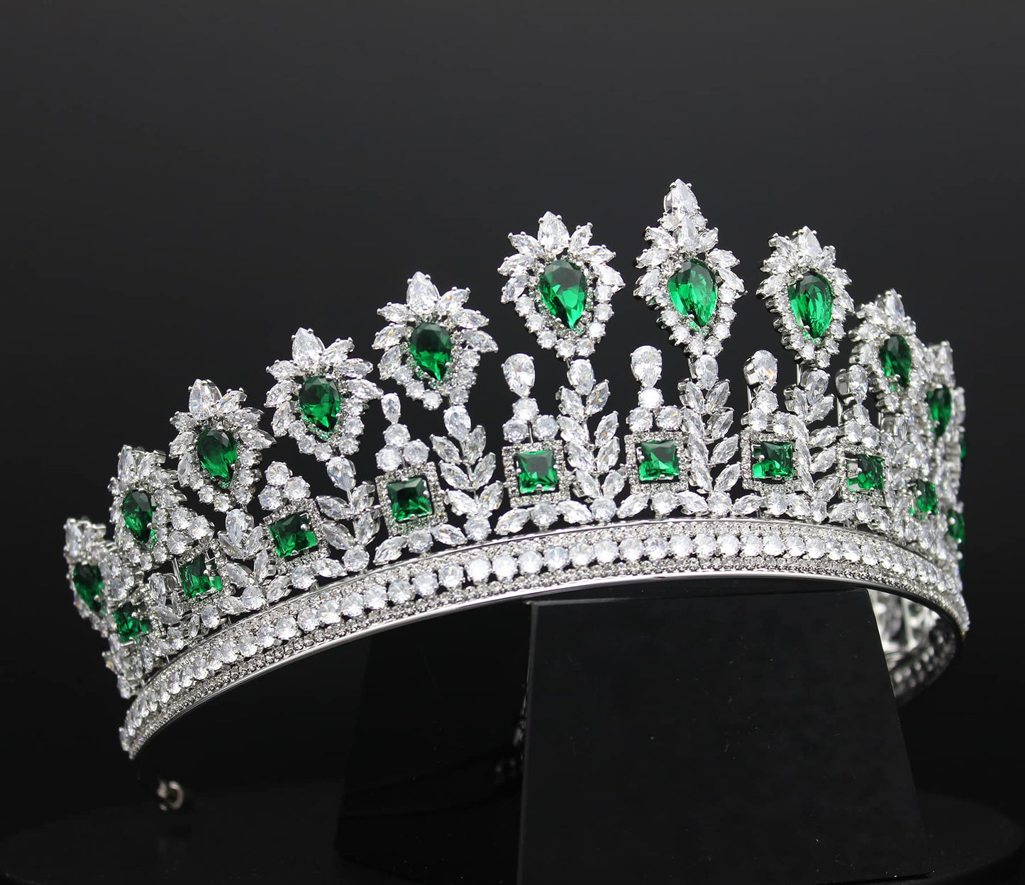 QXMYOO Luxury 5A CZ Wedding Tiaras and Crowns for Women Handmade Cubic Zirconia Large Bridal Headpiece Prom Birthday Queen Hair Accessories Zircon Headwear (Green)