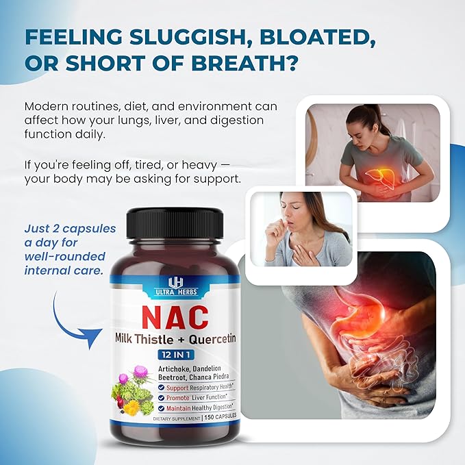 NAC Supplement N-Aetyl Cysteine Enriched with Milk Thistle, Quercetin - Support Immunity, Respiratory Health & Liver Detox | 150 Capsules