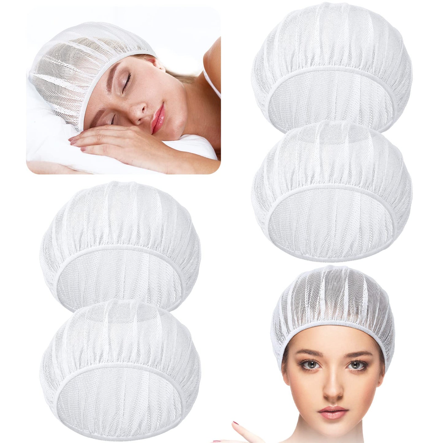 Chuarry 4 Pcs Mesh Sleep Bonnet for Sleeping Night Curly Hair Nets Sleep Caps for Women(White)
