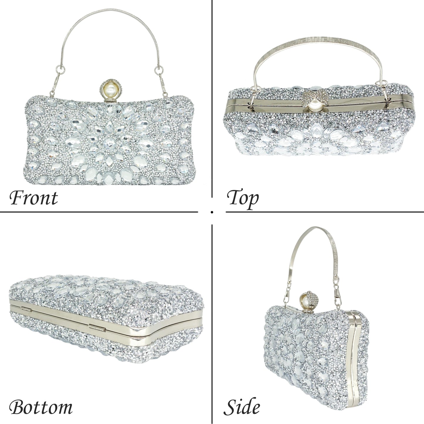 MAIRLOM Rhinestone Clutch Purses for Women Evening Wedding Formal - Pearl Clasp Handbag Crystal Gemstone Bag for Party Prom(Solid Silver)